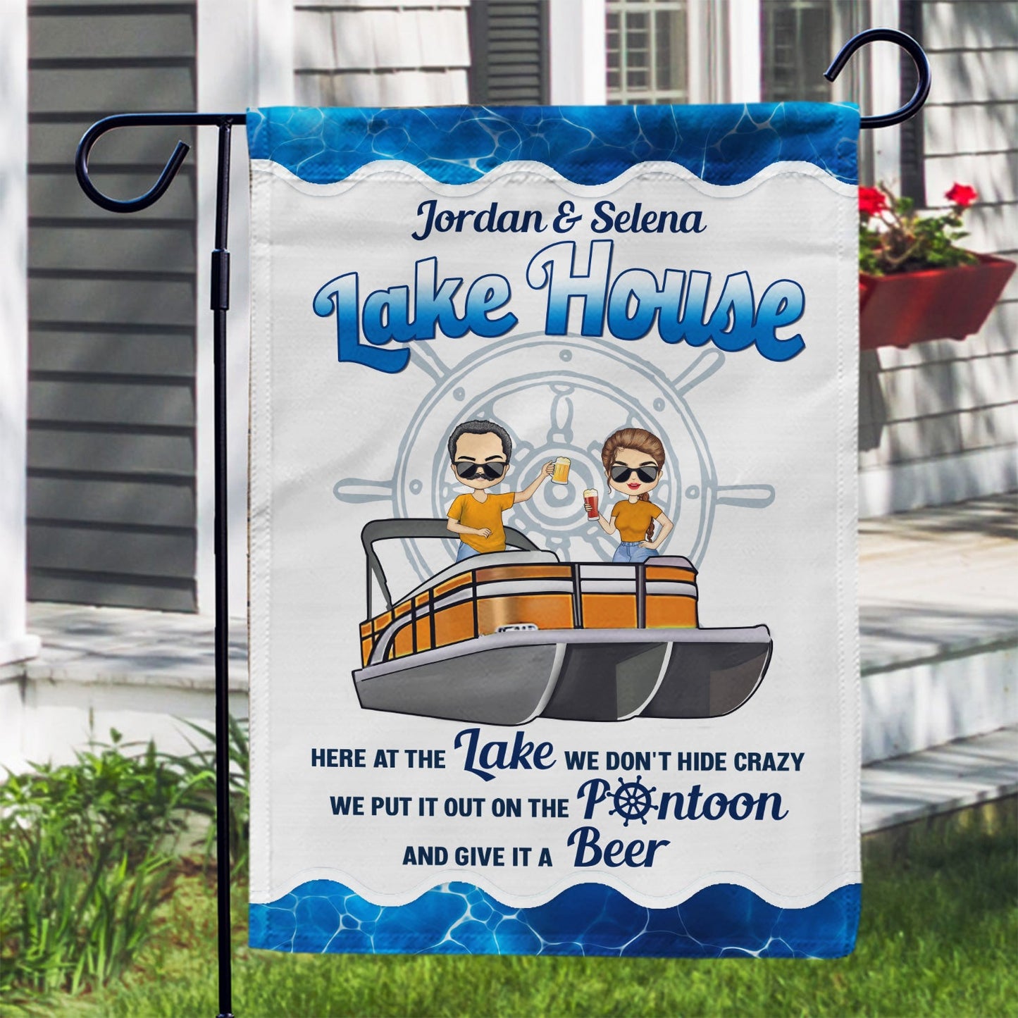 Pontoon Here At The Lake We Don't Hide Crazy - Home Decor, Backyard Decor, Lake House Decor, Gift For Pontooning Lovers, Couples, Wife, Husband - Personalized Custom Flag