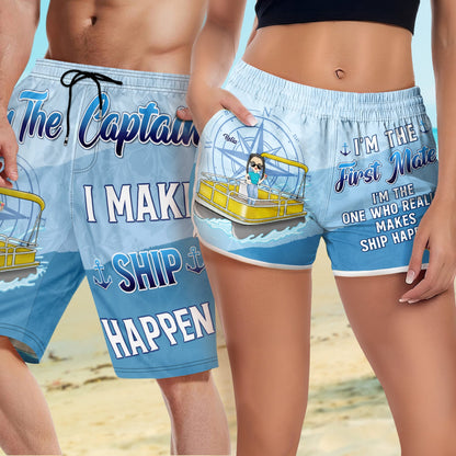 Pontoon Couple I'm The Captain I'm The First Mate - Gift For Husband, Wife, Pontooning Lovers, Lake Lovers, Travelers - Personalized Couple Beach Shorts