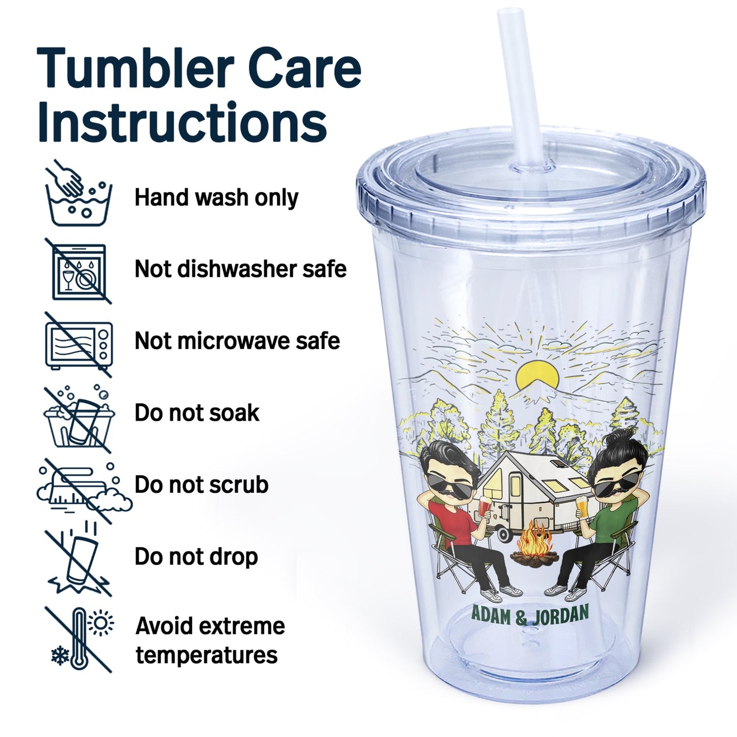 Husband And Wife Camping Partners For Life - Gift For Couples, Husband, Wife, Campers - Personalized Acrylic Insulated Tumbler With Straw