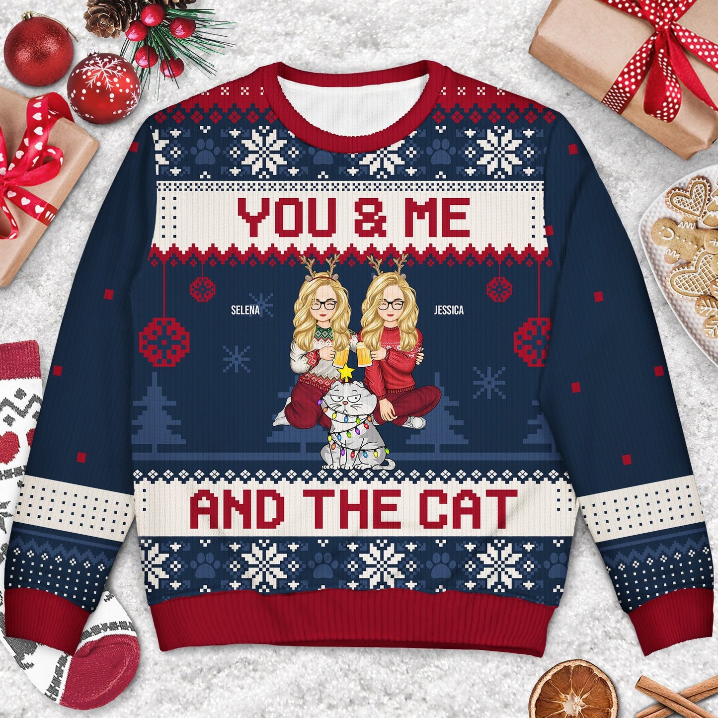 Couple You & Me And The Fur Babies Cartoon Style - Christmas Gift For Pet Lovers, Dog Lovers, Cat Lovers - Personalized Unisex Ugly Sweater