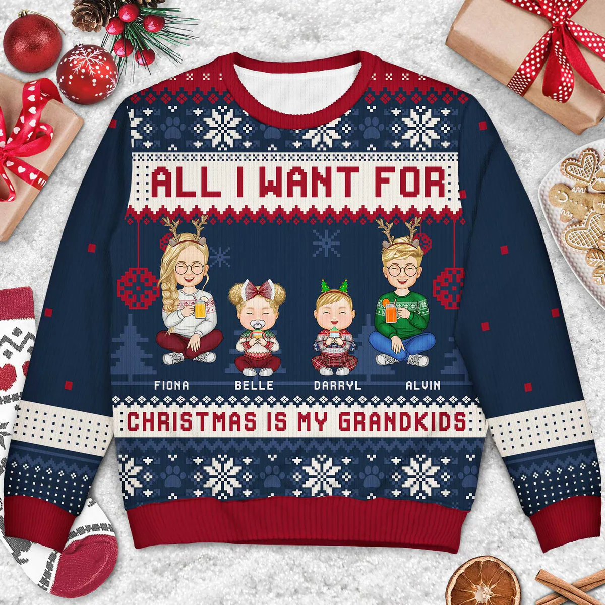 All I Want For Christmas Is My Grandkids - Christmas Gift For Grandma, Grandpa, Grandmother, Grandfather - Personalized Unisex Ugly Sweater