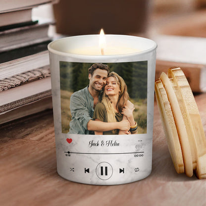 Custom Photo Couple Song - Anniversary, Birthday Gift For Spouse, Lover, Husband, Wife, Boyfriend, Girlfriend, Couples - Personalized Scented Candle With Wooden Lid