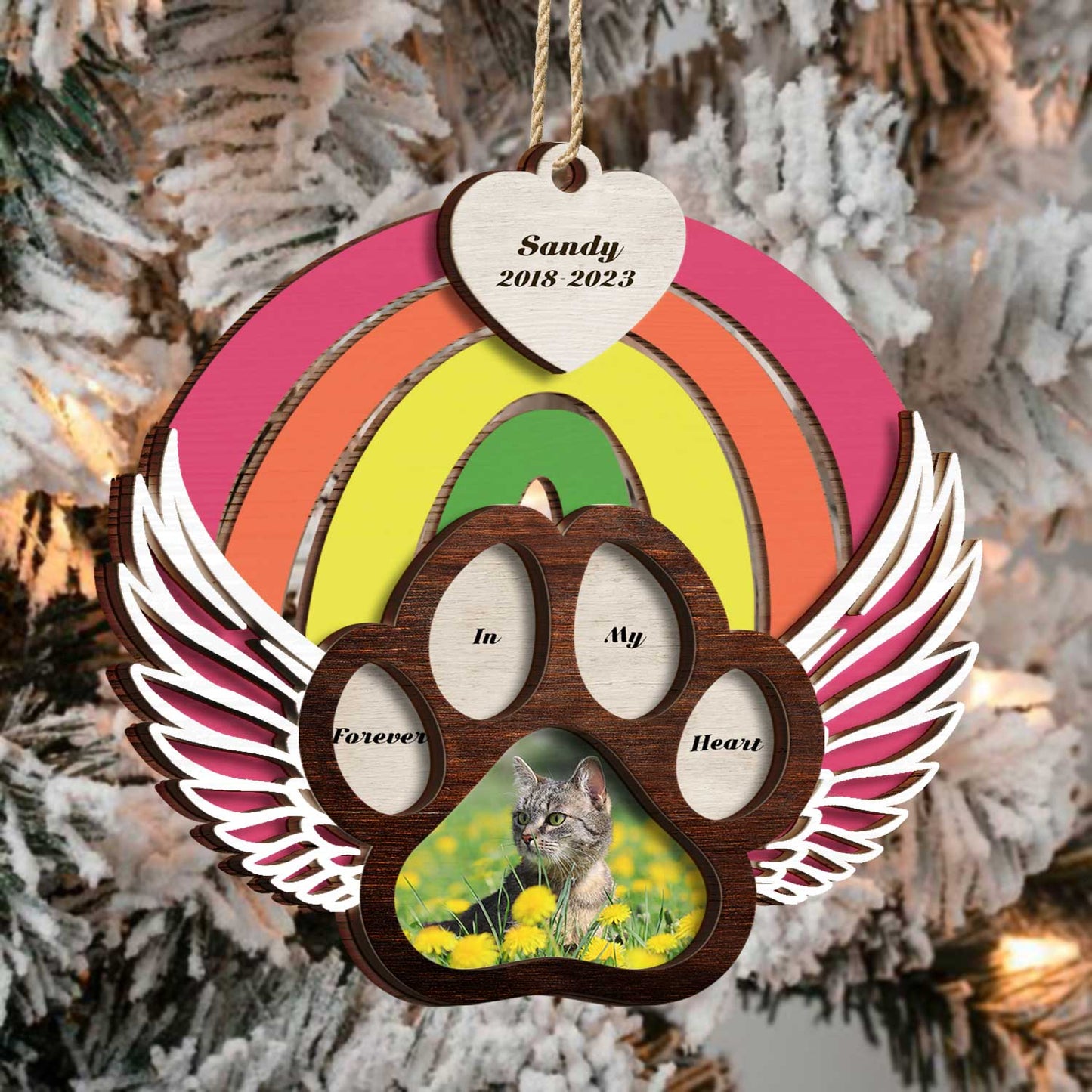 Custom Photo Dog Cat Forever In My Heart - Christmas Keepsake, Pet Memorial Gift - Personalized 2-Layered Wooden Ornament