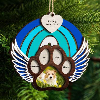 Custom Photo Dog Cat Forever In My Heart - Christmas Keepsake, Pet Memorial Gift - Personalized 2-Layered Wooden Ornament