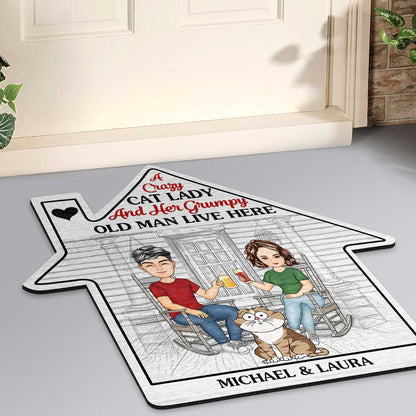 A Crazy Cat Lady And A Grumpy Old Man Live Here Funny Cartoon Cat - Gift For Cat Lovers, Couples - Personalized Custom Shaped Doormat