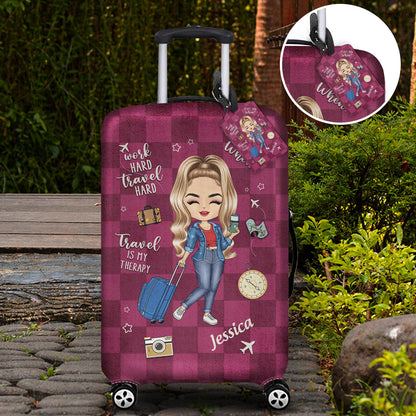Travel Is My Therapy - Gift For Travelers, Travelling Lovers, Him, Her - Personalized Combo Luggage Cover And Luggage Tag