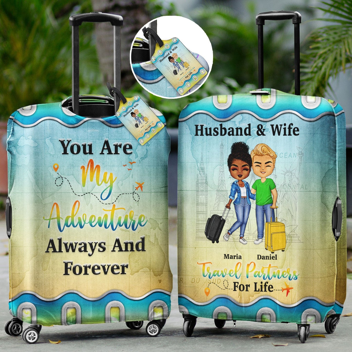 Husband & Wife Travel Partners For Life - Traveling Gift For Couples - Personalized Combo Luggage Cover And Luggage Tag