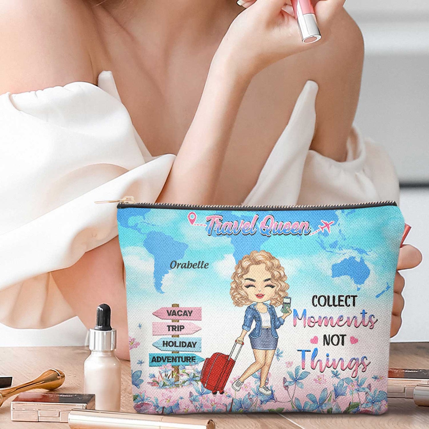 Travel Queen Living My Best Life - Gift For Travel Lovers, Travelers - Personalized Cosmetic Bag