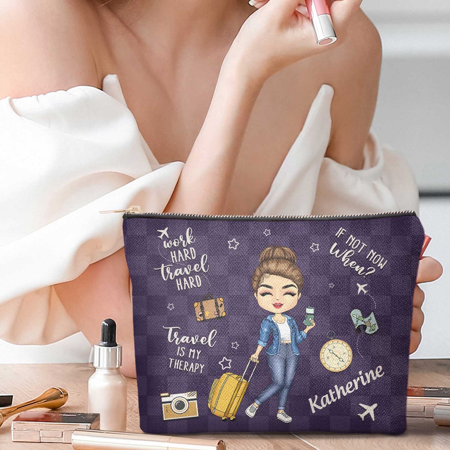 Travel Is My Therapy All My Travel Crap - Gift For Her, Traveling Lovers, Vacation Lovers - Personalized Cosmetic Bag