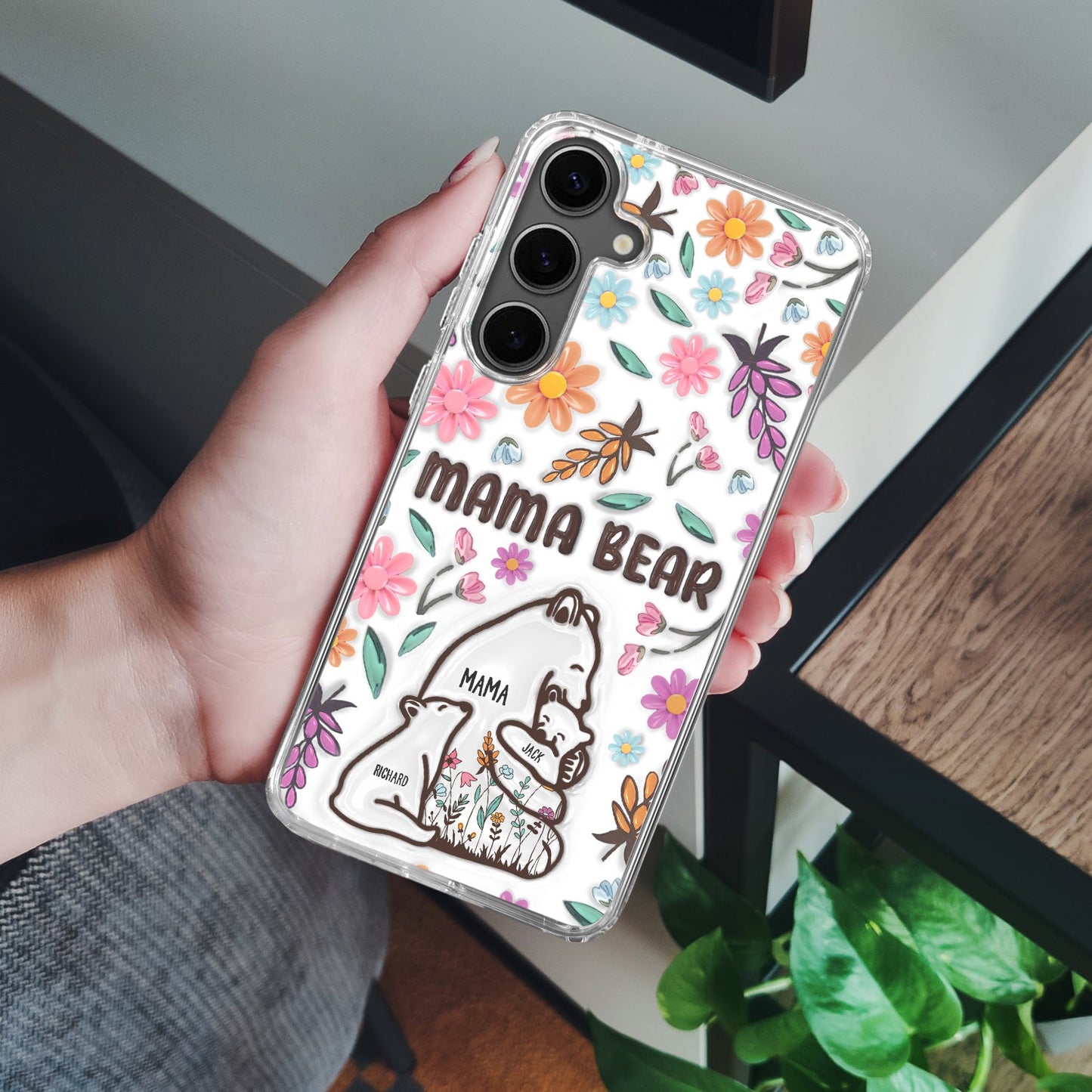 Mama Bear Floral Style Version 2 - 3D Inflated Effect Printed, Personalized Clear Phone Case
