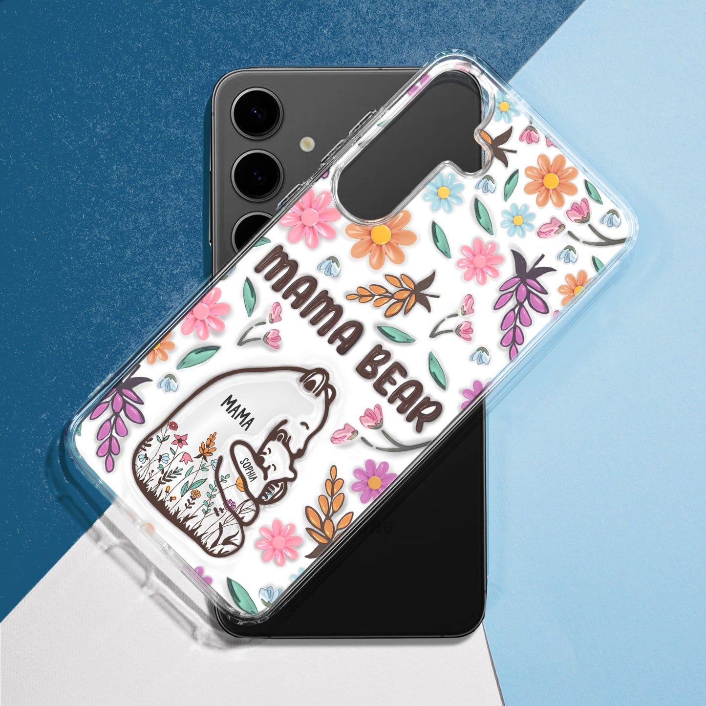 Mama Bear Floral Style Version 2 - 3D Inflated Effect Printed, Personalized Clear Phone Case