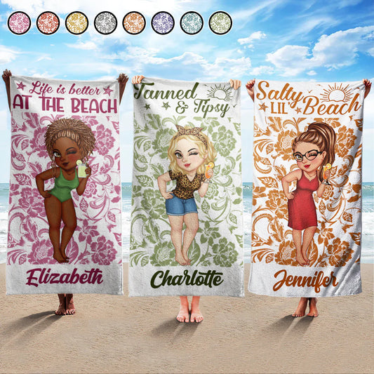 Besties Tanned And Tipsy Floral Pattern - Personalized Beach Towel