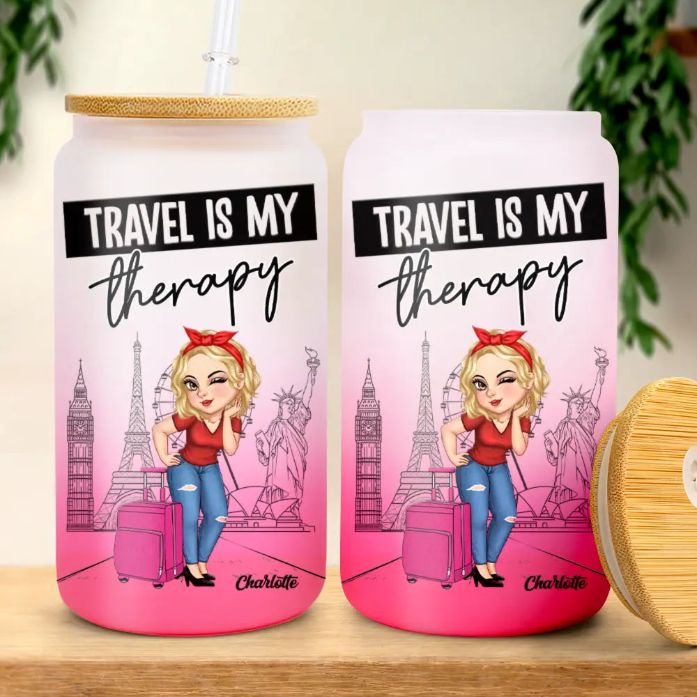 Travel Is My Therapy - Personalized Ombre Frosted Glass Can