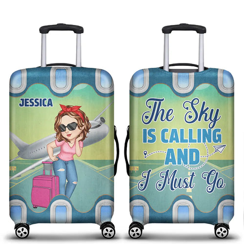 The Sky Is Calling And I Must Go Cartoon Woman - Personalized Luggage Cover