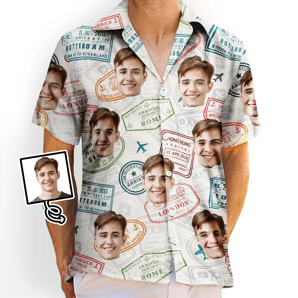 Custom Photo Landmark Stamps Travel Lovers - Personalized Hawaiian Shirt