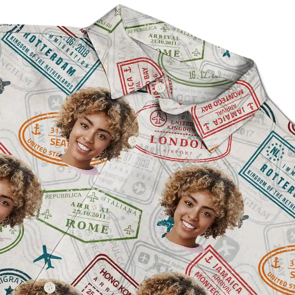 Custom Photo Landmark Stamps Travel Lovers - Personalized Hawaiian Shirt