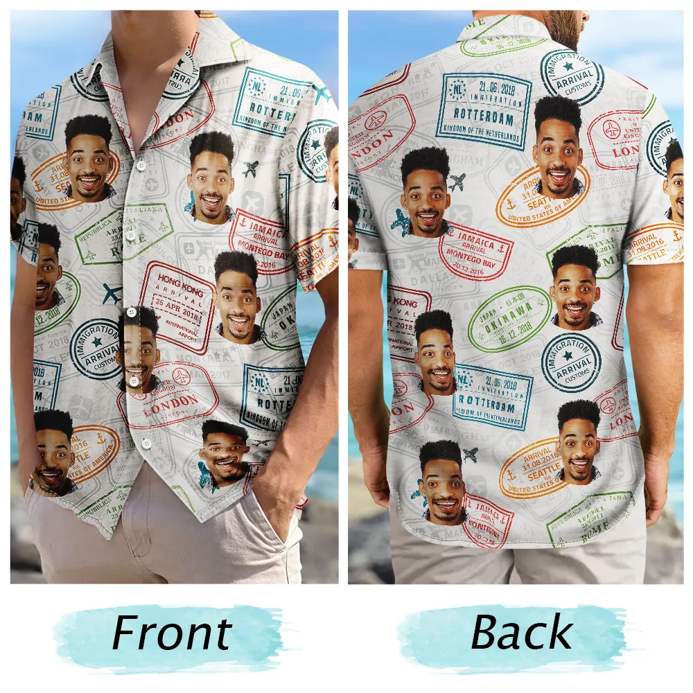 Custom Photo Landmark Stamps Travel Lovers - Personalized Hawaiian Shirt