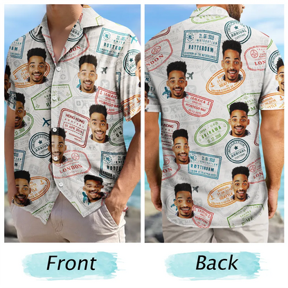 Custom Photo Landmark Stamps Travel Lovers - Personalized Hawaiian Shirt