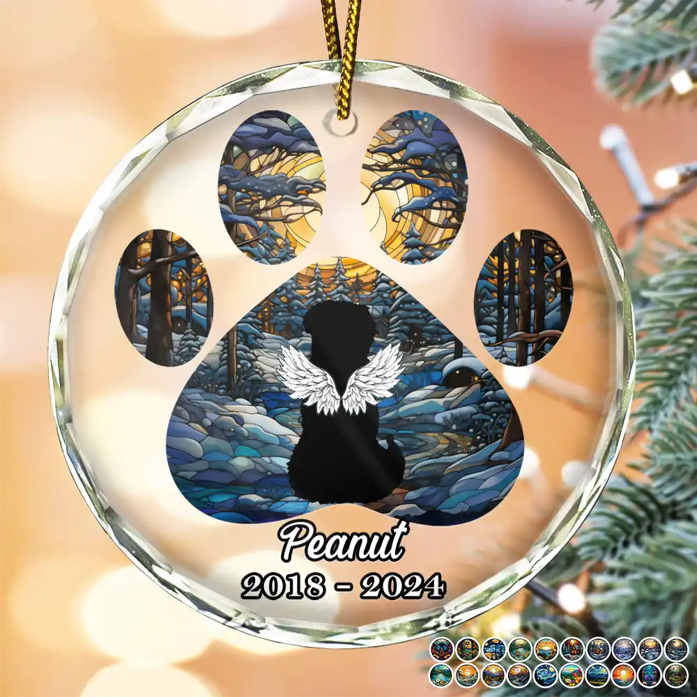 Christmas Memorial Dog Loss Pet Paw - Personalized Circle Glass Ornament