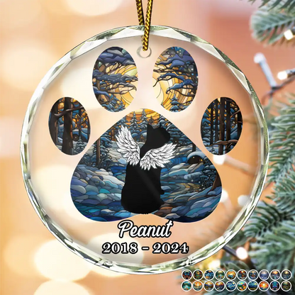 Christmas Memorial Cat Loss Pet Paw - Personalized Circle Glass Ornament