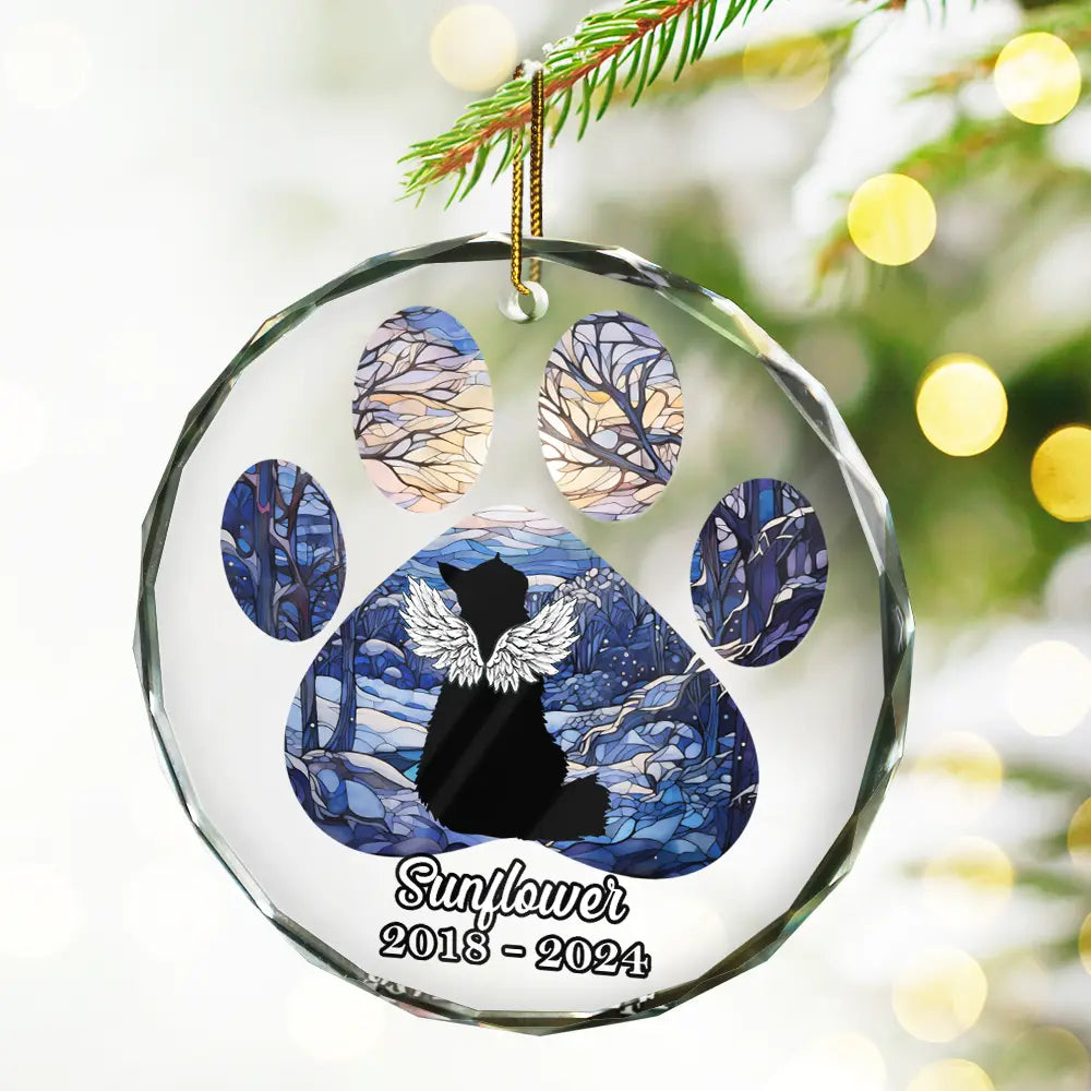 Christmas Memorial Cat Loss Pet Paw - Personalized Circle Glass Ornament