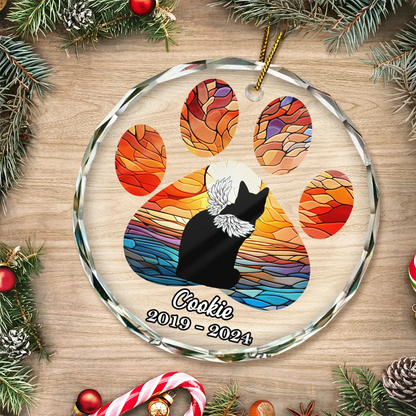 Christmas Memorial Cat Loss Pet Paw - Personalized Circle Glass Ornament