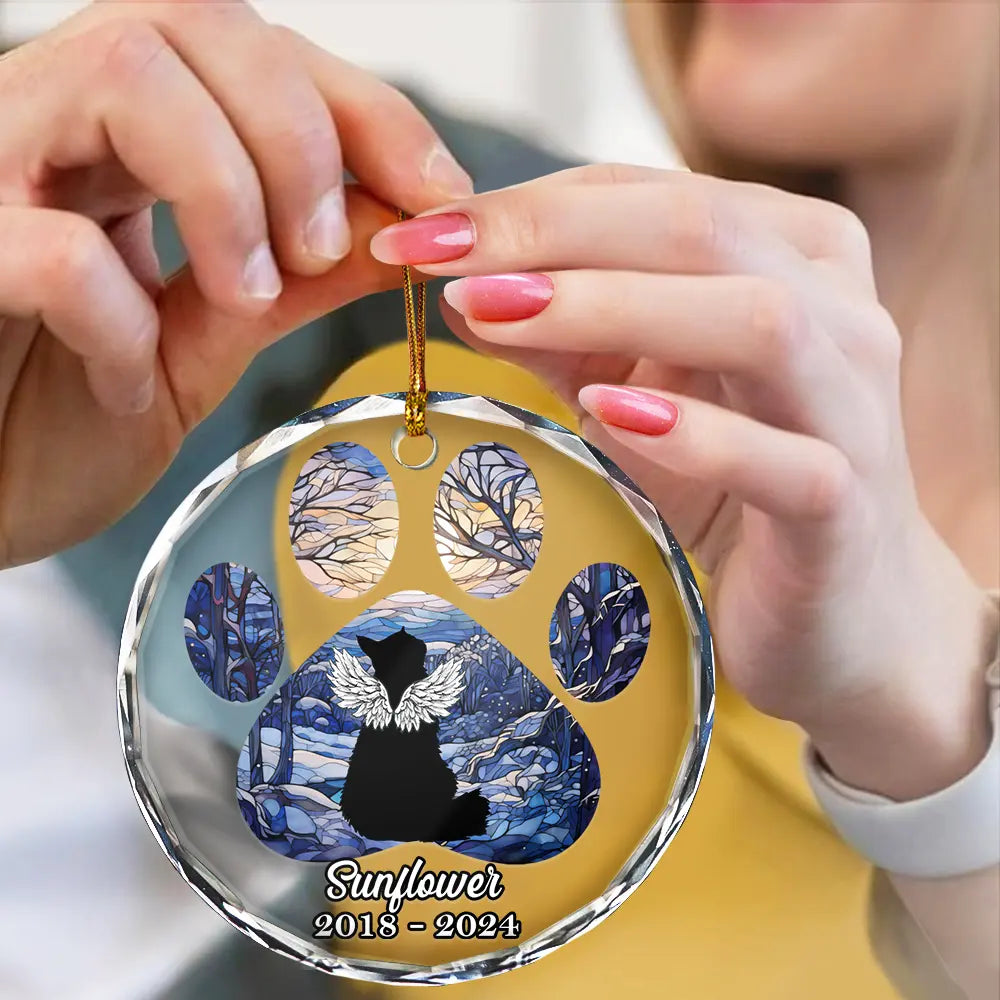 Christmas Memorial Cat Loss Pet Paw - Personalized Circle Glass Ornament