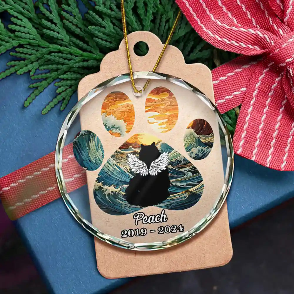 Christmas Memorial Cat Loss Pet Paw - Personalized Circle Glass Ornament