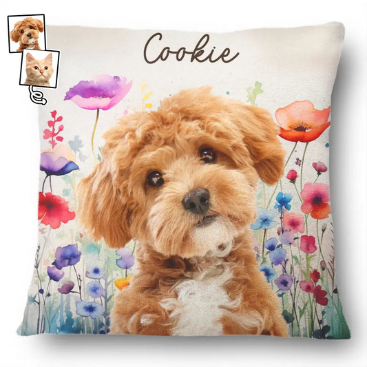 Custom Photo Dog Cat Watercolor Wildflowers - Personalized Pillow