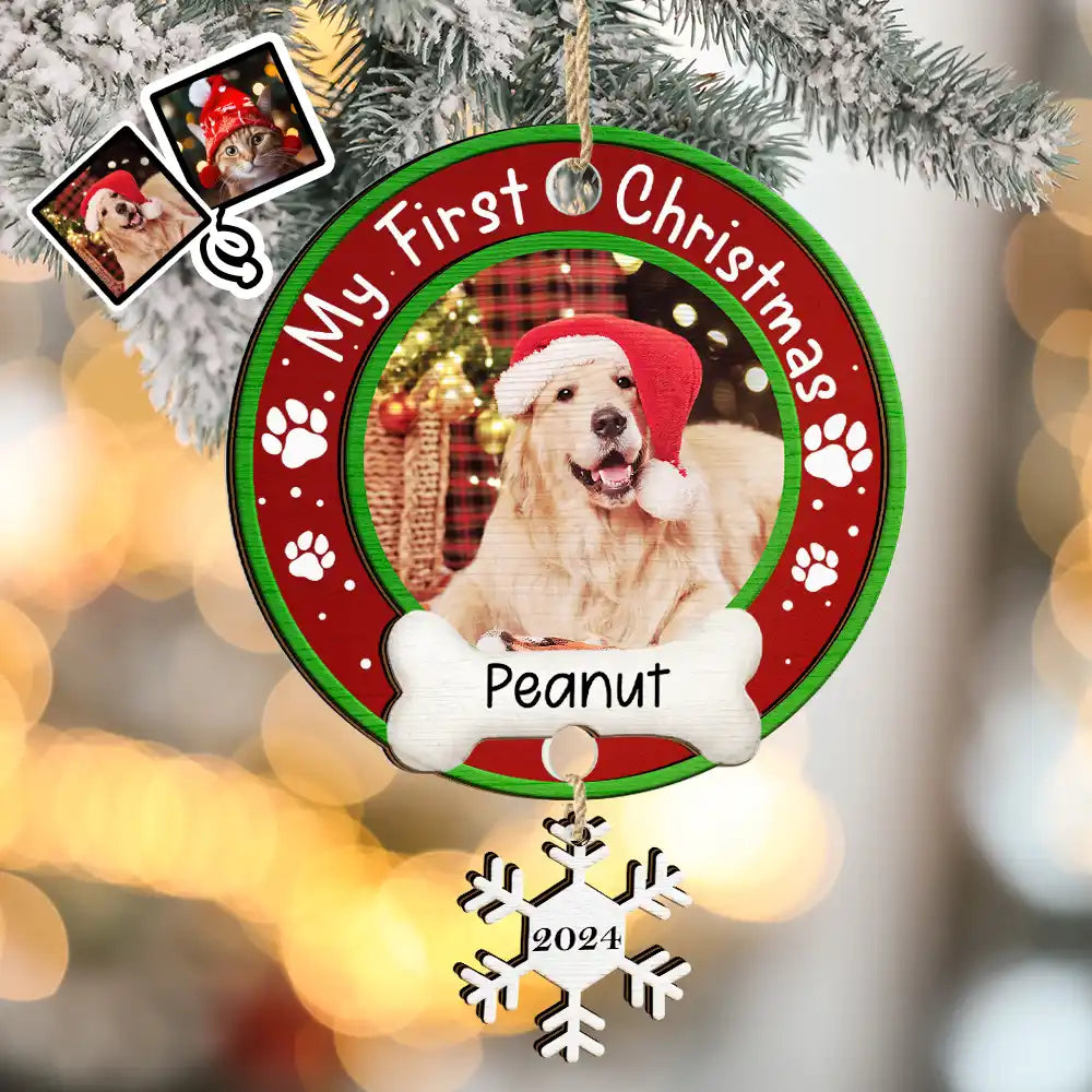 Custom Photo Dog Cat Pet's First Christmas - Personalized Mix Ornament With Wooden Tag