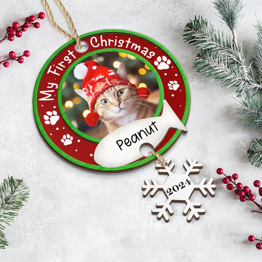 Custom Photo Dog Cat Pet's First Christmas - Personalized Mix Ornament With Wooden Tag