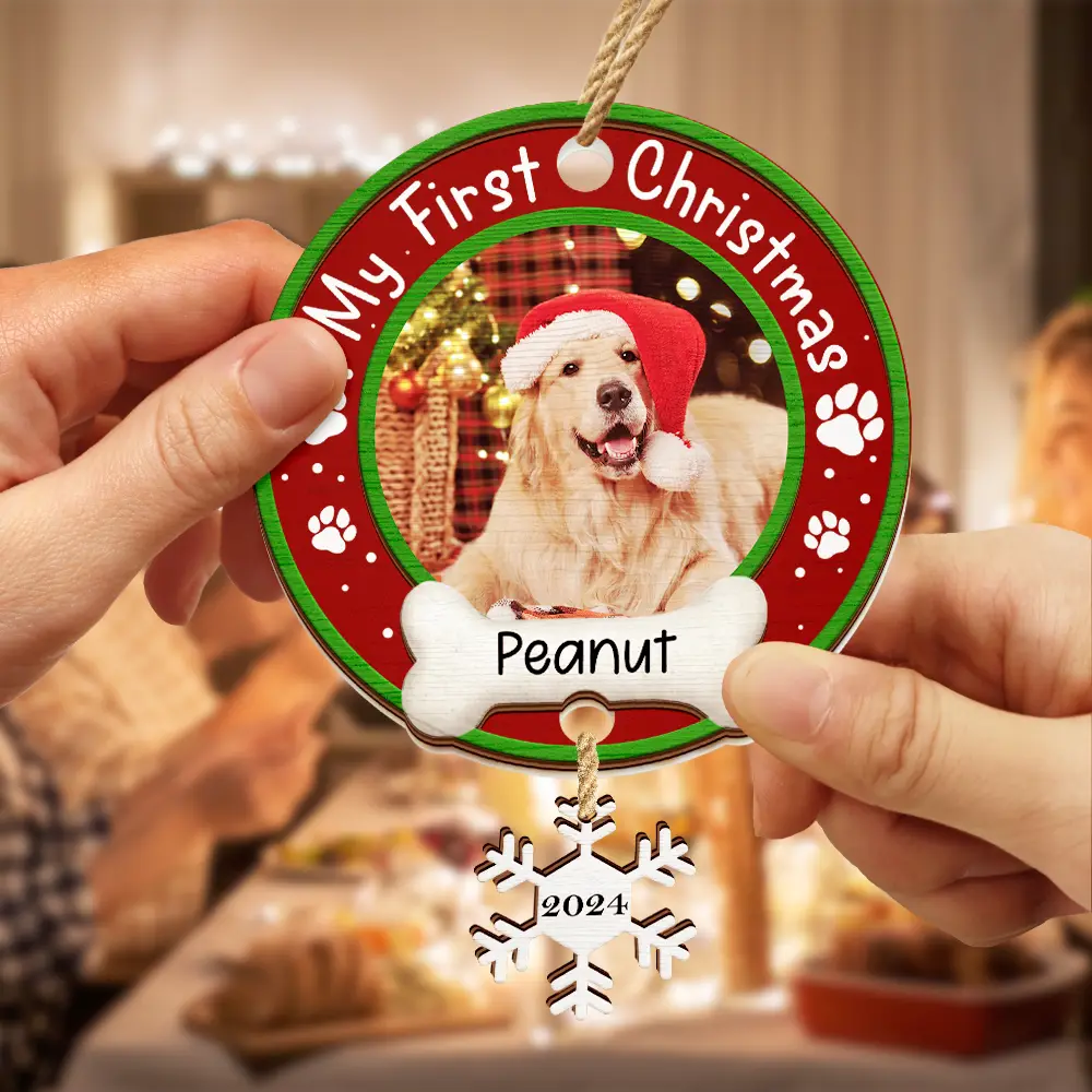 Custom Photo Dog Cat Pet's First Christmas - Personalized Mix Ornament With Wooden Tag