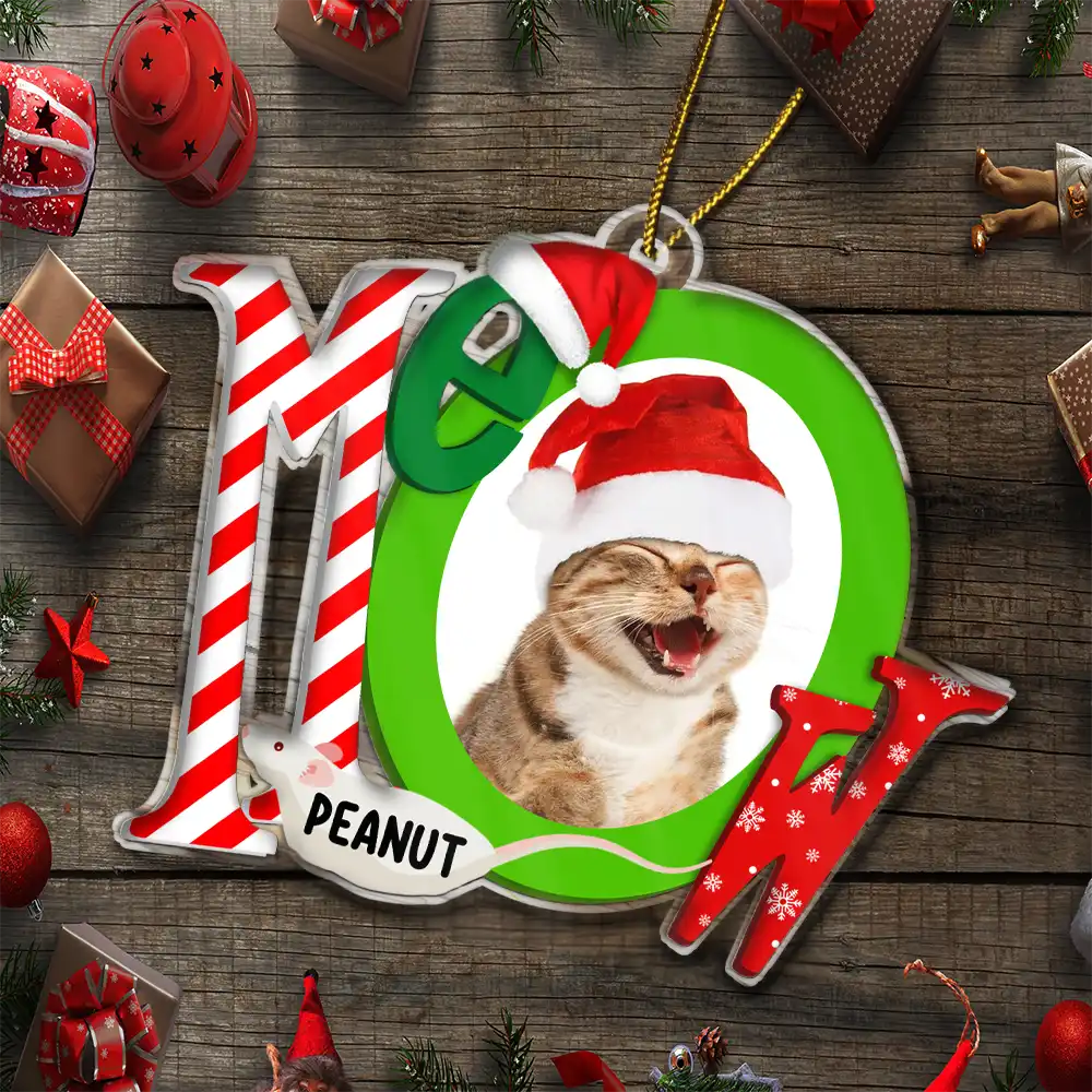 Custom Photo Cat Meowy Christmas - Personalized Custom Shaped Acrylic Ornament