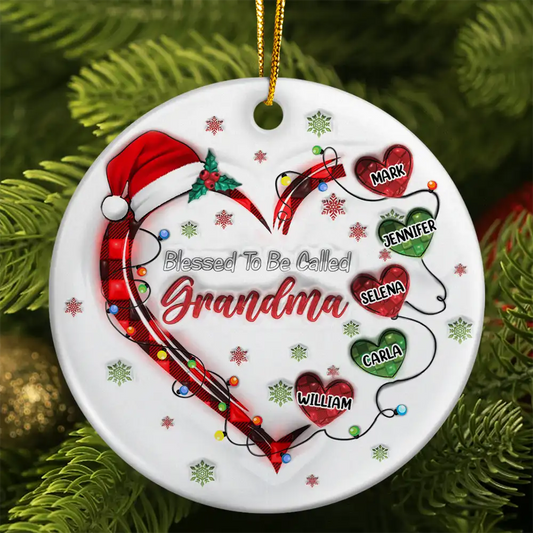 Blessed To Be Called Grandma Christmas Heartstrings - 3D Inflated Effect Printed Ornament, Personalized Circle Acrylic Ornament