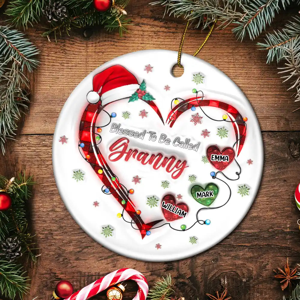 Blessed To Be Called Grandma Christmas Heartstrings - 3D Inflated Effect Printed Ornament, Personalized Circle Acrylic Ornament