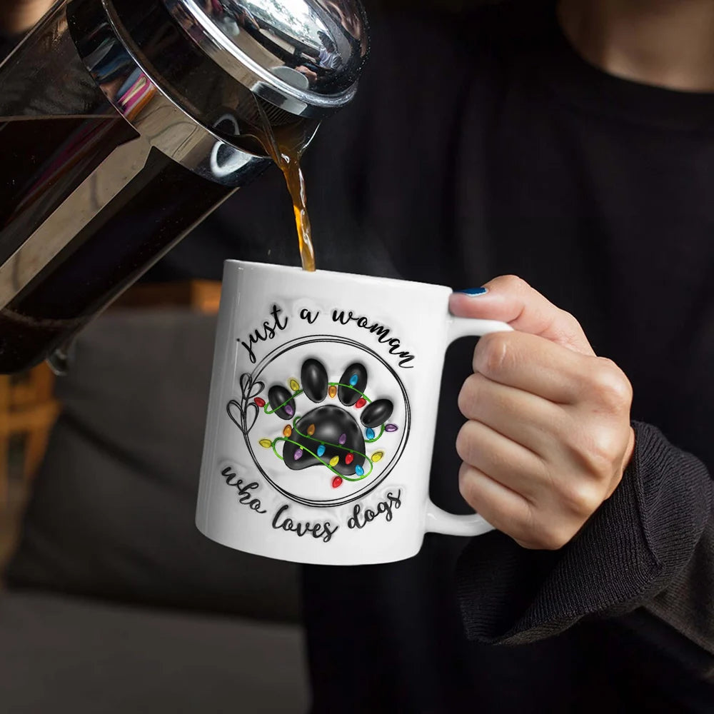 Christmas Paw Print Just A Girl Boy Who Loves Dogs - 3D Inflated Effect Printed Mug, Personalized White Edge-to-Edge Mug