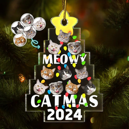 Cat Lovers - Custom Photo Funny Cat Faces Meowy Christmas - Personalized Custom Shaped Acrylic Ornament