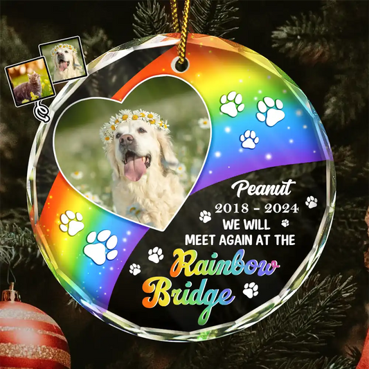 Pet Lovers - Custom Photo Memorial Dog Cat Pet We Will Meet Again At The Rainbow Bridge - Personalized Circle Glass Ornament