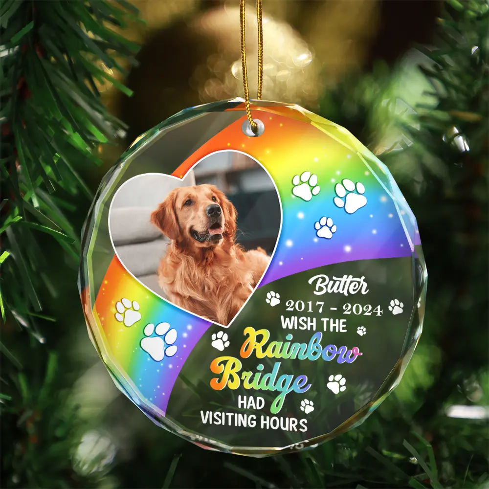 Pet Lovers - Custom Photo Memorial Dog Cat Pet We Will Meet Again At The Rainbow Bridge - Personalized Circle Glass Ornament