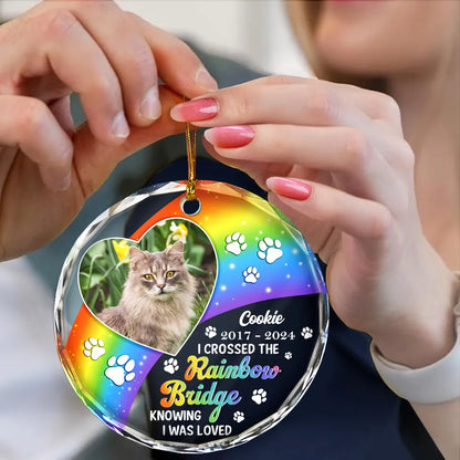 Custom Photo Memorial Dog Cat Pet We Will Meet Again At The Rainbow Bridge - Personalized Circle Glass Ornament