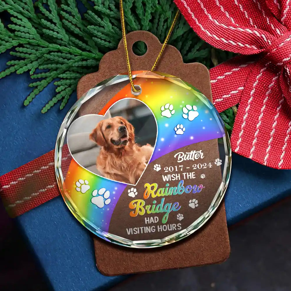 Pet Lovers - Custom Photo Memorial Dog Cat Pet We Will Meet Again At The Rainbow Bridge - Personalized Circle Glass Ornament