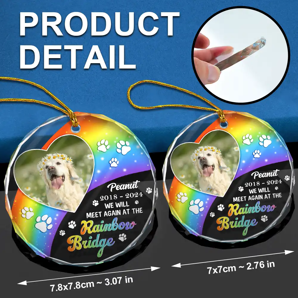 Custom Photo Memorial Dog Caat Pet We Will Meet Again At The Rainbow Bridge - Personalized Circle Acrylic Ornament