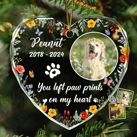 Pet Lovers, Dog Lovers, Cat Lovers - Custom Photo Dog Cat Memorial You Left Paw Prints On My Heart - Personalized Heart Shaped Glass Ornament