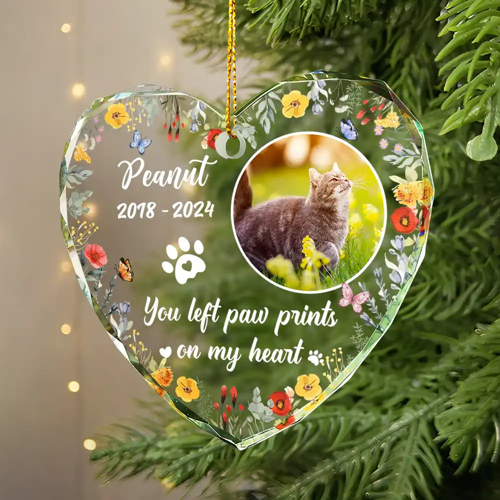 Custom Photo Dog Cat Memorial You Left Paw Prints On My Heart - Personalized Heart Shaped Glass Ornament