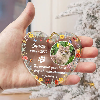 Custom Photo Dog Cat Memorial You Left Paw Prints On My Heart - Personalized Heart Shaped Glass Ornament