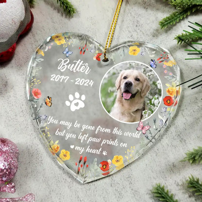 Pet Lovers, Dog Lovers, Cat Lovers - Custom Photo Dog Cat Memorial You Left Paw Prints On My Heart - Personalized Heart Shaped Glass Ornament