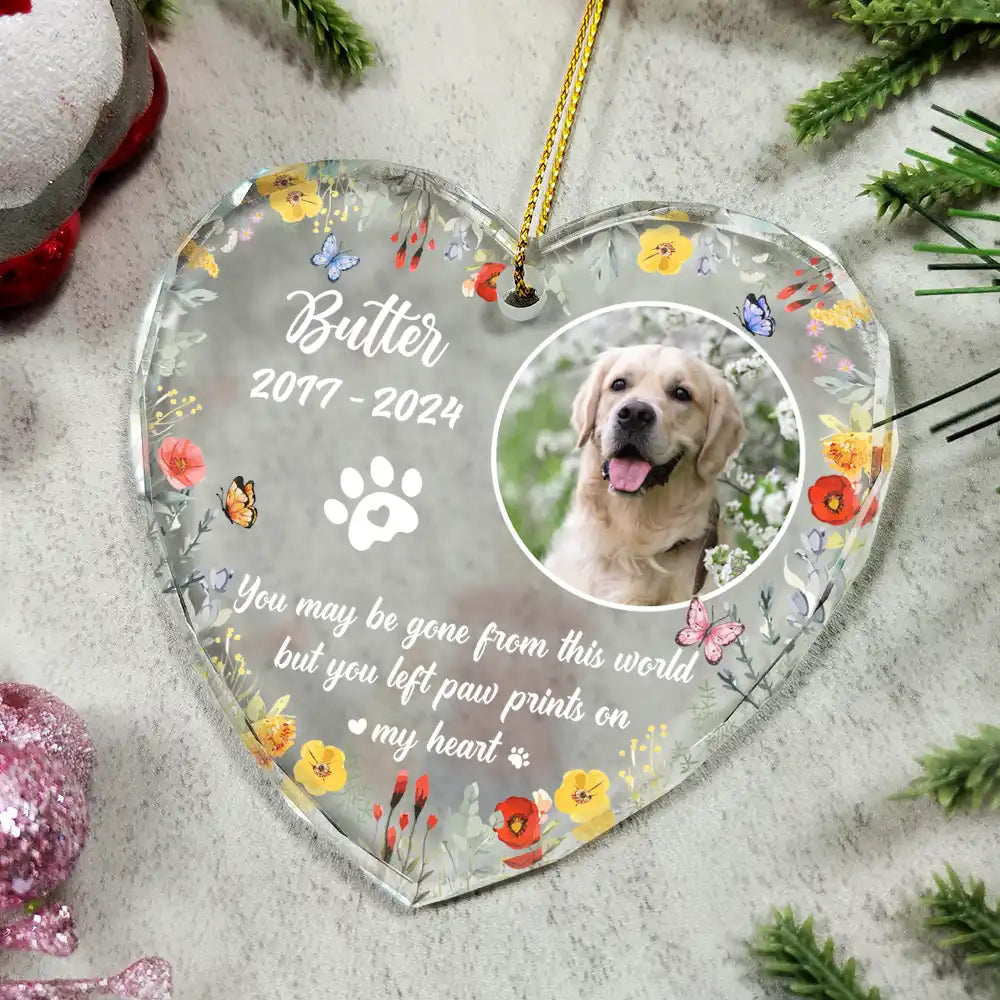 Custom Photo Dog Cat Memorial You Left Paw Prints On My Heart - Personalized Heart Shaped Glass Ornament