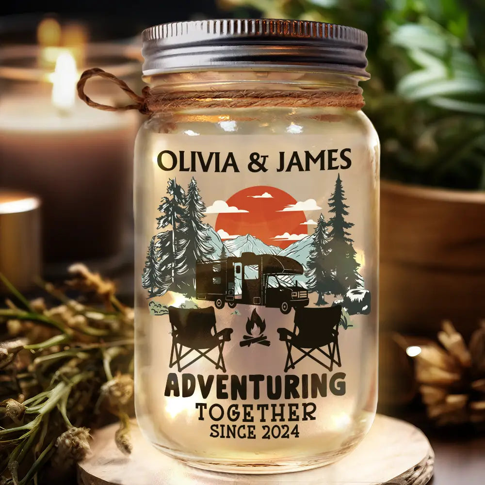 Adventuring Together Camping Couple - Personalized Mason Jar Light