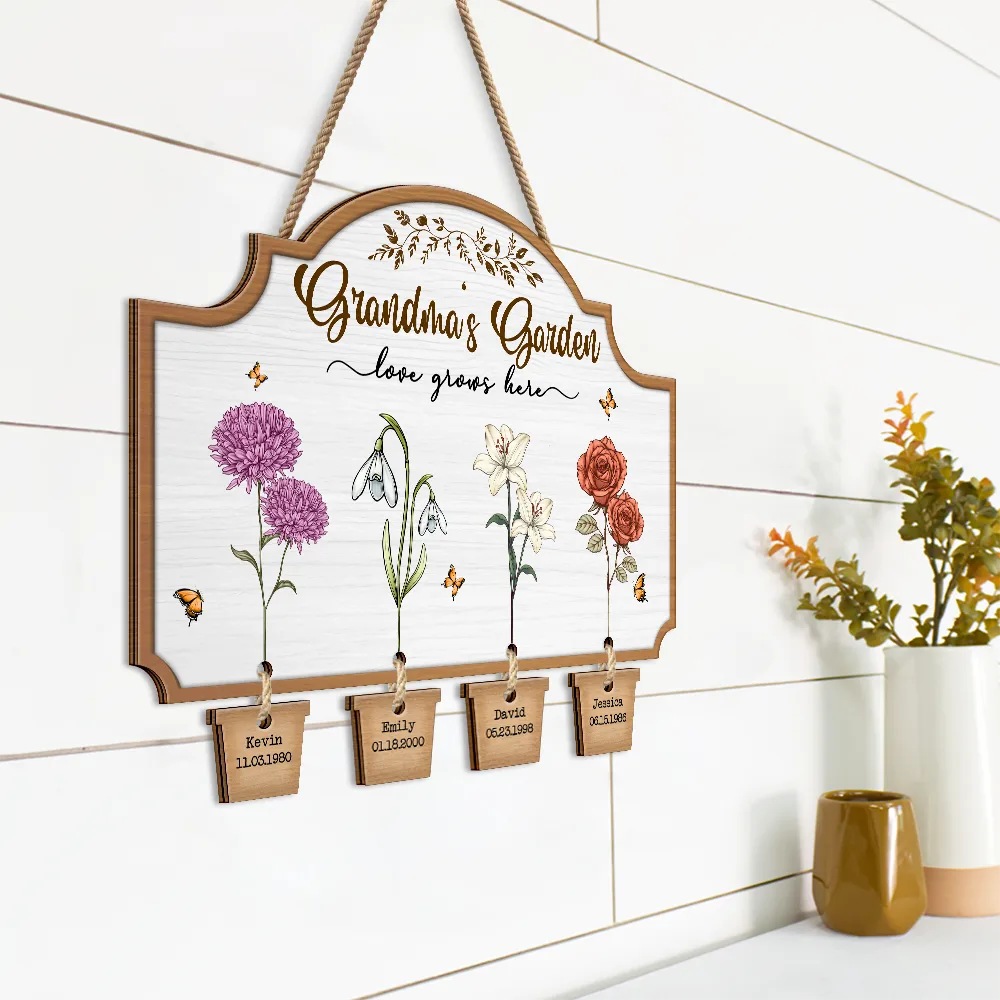 Grandma's Garden Birth Flowers - Personalized Custom Shaped Wood Sign With Wooden Tags