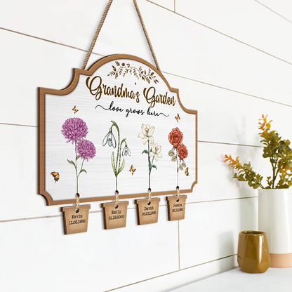 Grandma's Garden Birth Flowers - Personalized Custom Shaped Wood Sign With Wooden Tags